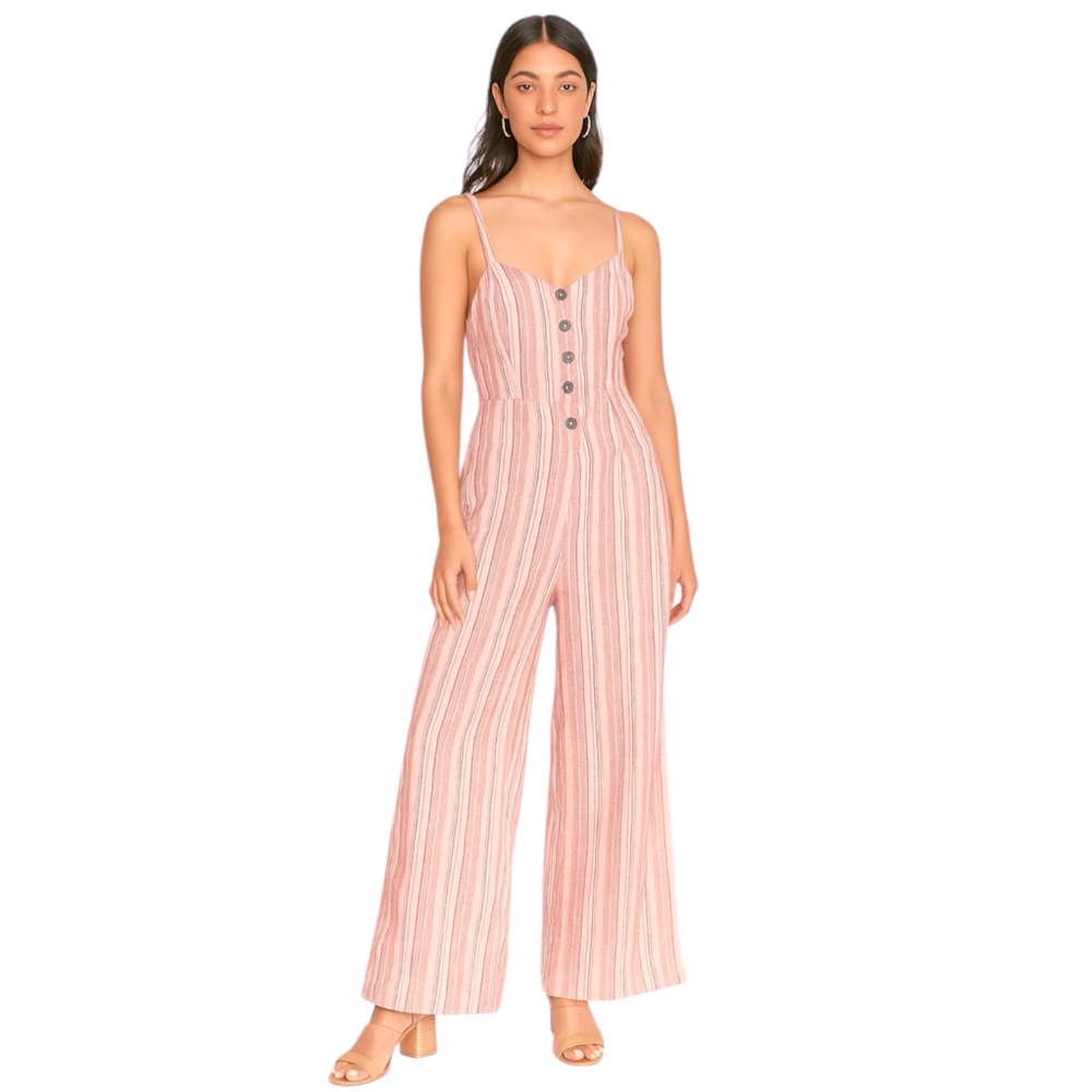 Hem & Thread Womens M 100% Cotton Wide Leg Jumpsuit Rose Pink Stripe Relaxed Fit